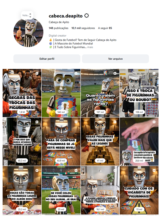 Perfil do Cabeça de Apito no Instagram com 10,1 mil seguidores e grelha de Reels virais
