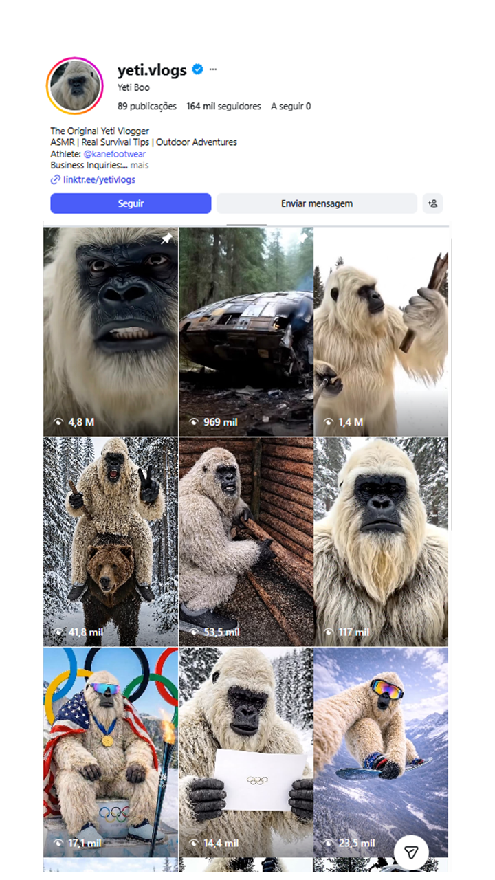 Perfil Instagram de yeti.vlogs com 164 mil seguidores
