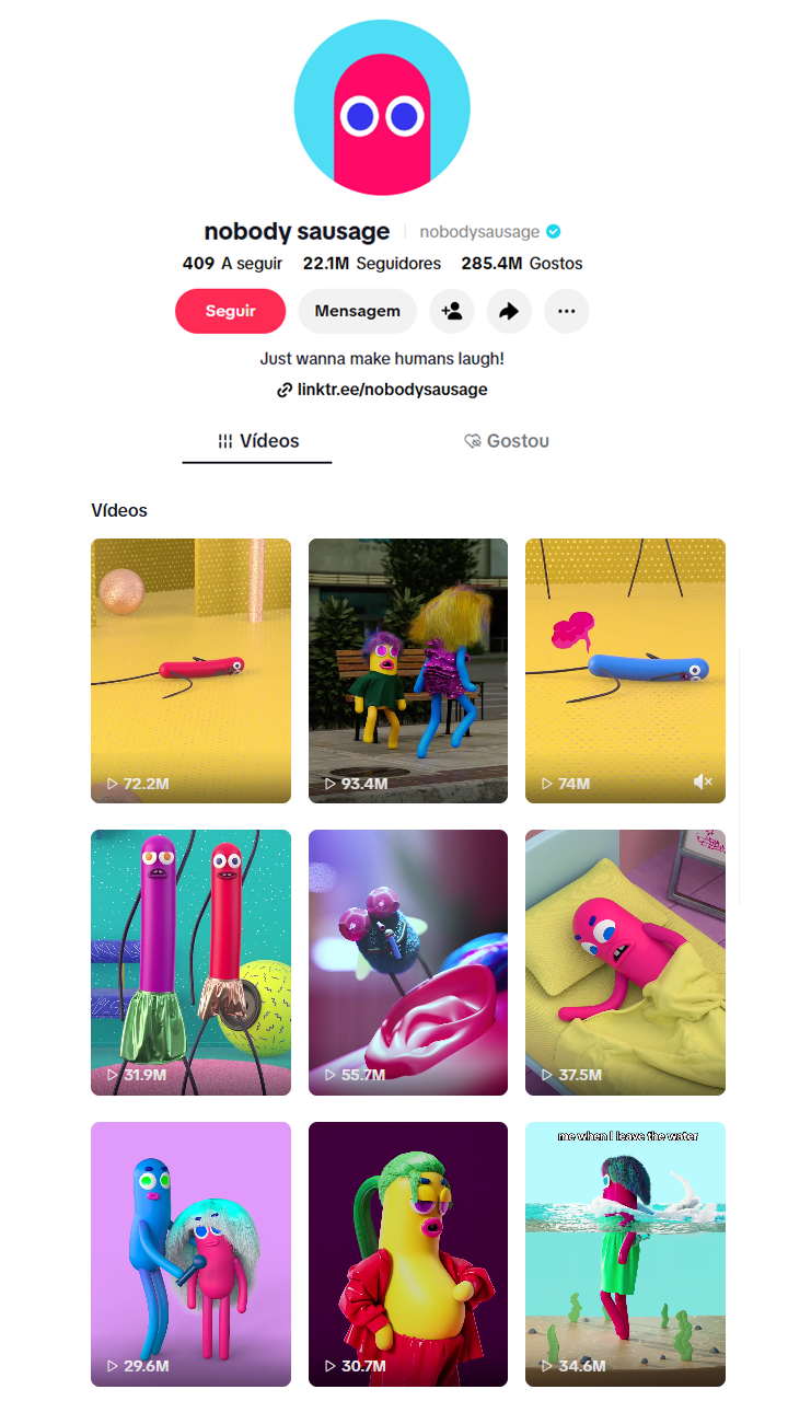 Perfil TikTok de Nobody Sausage com 22.1M de seguidores