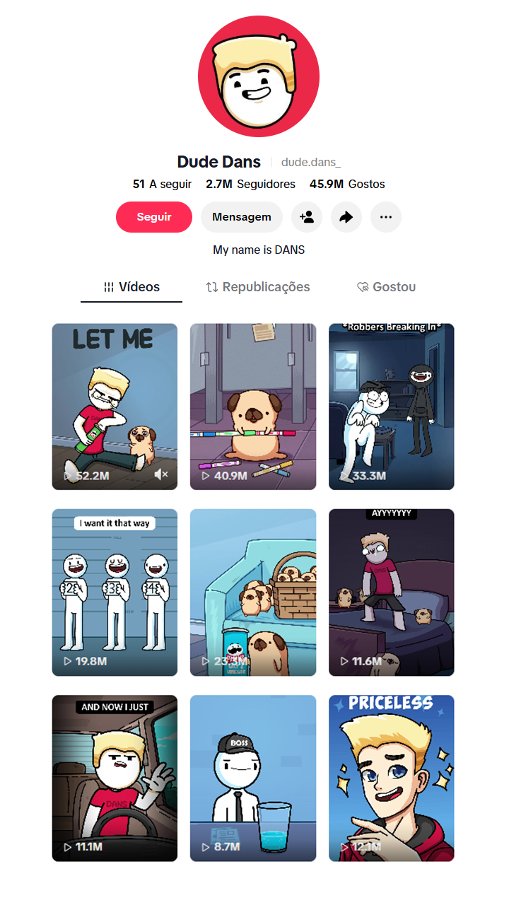 Perfil TikTok de Dude Dans com 2.7M de seguidores